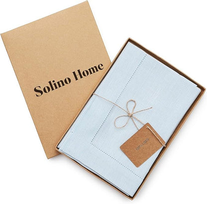 Solino Home Aqua Blue Linen Napkins Set of 4-100% Pure Linen Hemstitch Dinner Napkins 20 x 20 Inch for Winter, Spring, Easter - Classic Hemstitch