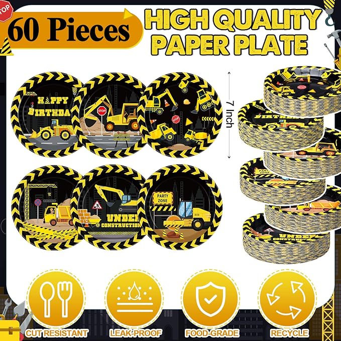 60 Pcs Construction Birthday Party Decor 7 Inch Construction Cake Dessert Paper Plates Dump Truck Digger Vehicle Excavator Disposable Black and Yellow Tableware for Boys Baby Shower Supplies