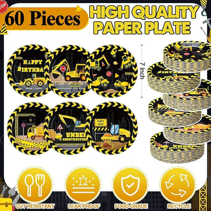 60 Pcs Construction Birthday Party Decor 7 Inch Construction Cake Dessert Paper Plates Dump Truck Digger Vehicle Excavator Disposable Black and Yellow Tableware for Boys Baby Shower Supplies