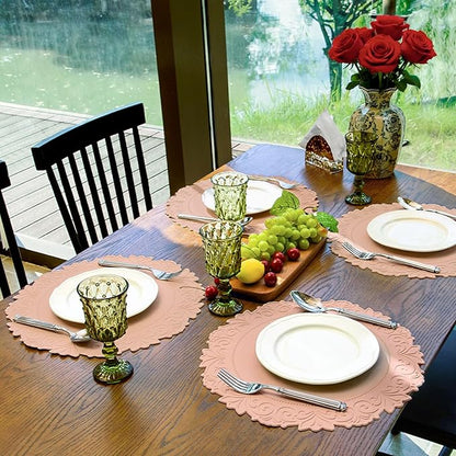 Noctiflorous Round Faux Leather 15 Inch Placemats Set of 6 Waterproof Wipeable Heat Resistant Tablemat for Dining Table Kitchen Non Slip Oilproof Table Place Mat for Indoor Outdoor(Pink, 6)