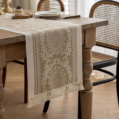 Farmhouse Boho Rustic Neutral Table Runner Decor by QGENUINE