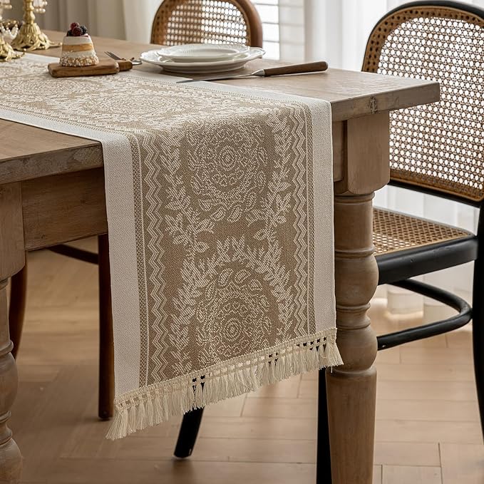 Farmhouse Boho Rustic Neutral Table Runner Decor by QGENUINE