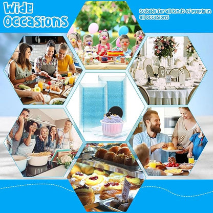 Zhehao 100 Pcs Plastic Dessert Appetizer Plates Disposable, 3.6 x 3.6 Inch Small Square Plastic Dessert Cake Plate for Party, Valentine's Day Wedding Birthday Bridal Baby Shower Supplies (Blue Clear)