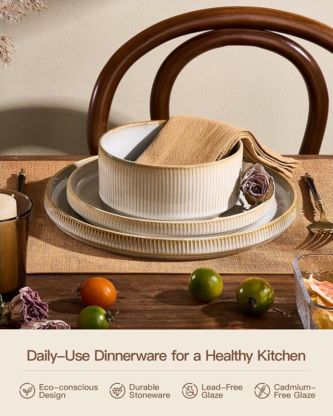 Ceramic Plates & Bowls Sets for 6, Handmade Reactive Glaze | Cappuccino White - Image 5