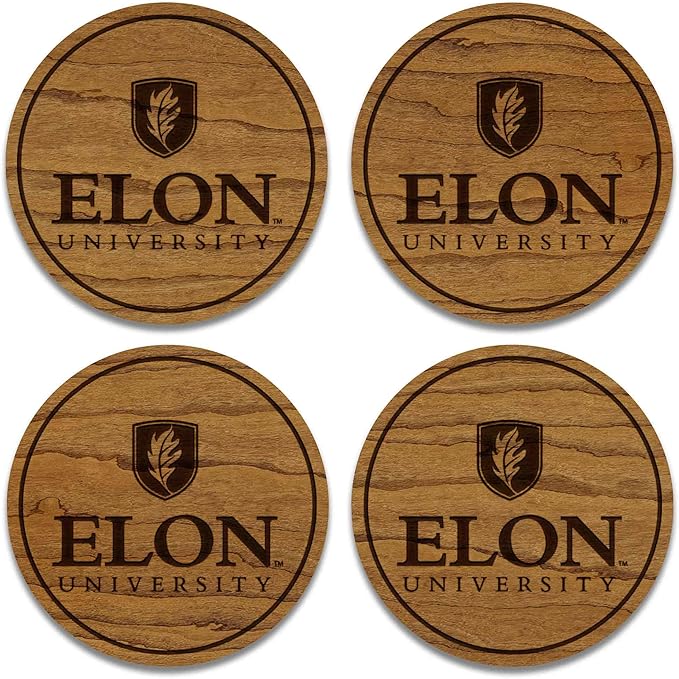 LazerEdge Elon University Phoenixes Wooden Coaster Set - Cherry Wood - Officially Licensed Product - 4-Pack