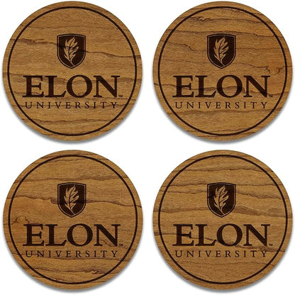 LazerEdge Elon University Phoenixes Wooden Coaster Set - Cherry Wood - Officially Licensed Product - 4-Pack