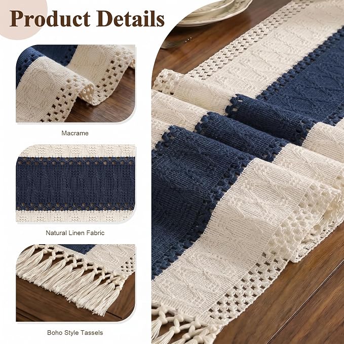 Boho Macrame Table Runner with Tassels 36in Blue Farmhouse Runner | Macrame - Image 6