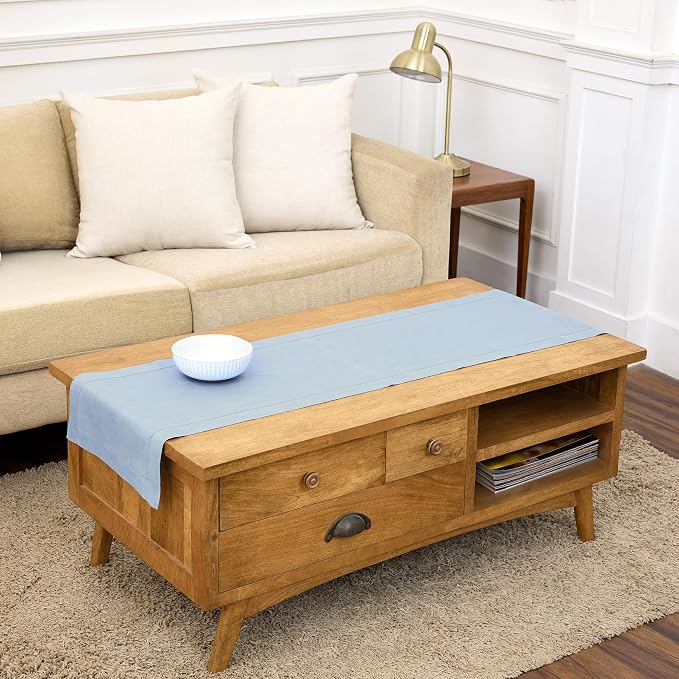 Solino Home 100% Pure Linen Table Runner Blue, Classic Hemstitch 14 x 60 in | by SolinoHome
