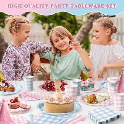 Vyntra 350 Pcs Pink & Blue Gingham Paper Plates and Napkins Set - Image 3