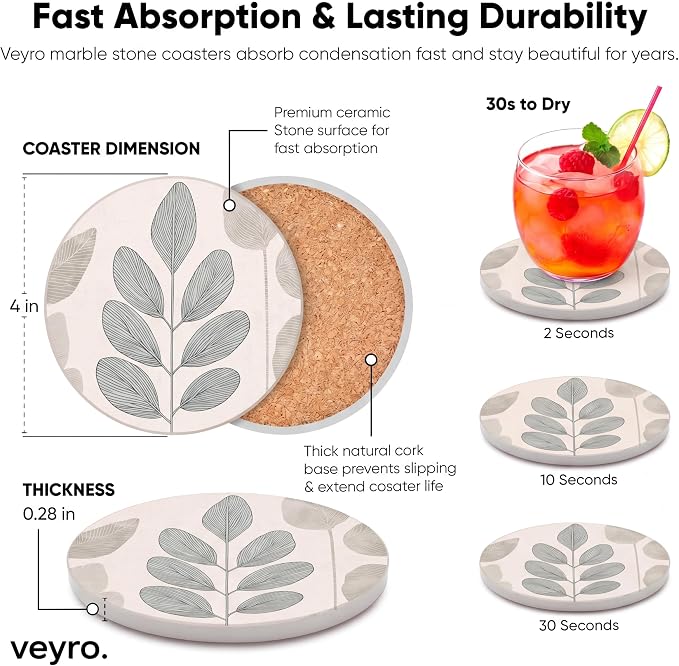 VEYRO Ceramic Coasters Set of 6 or 4 – Absorbent Stone Drink Coasters - Image 5