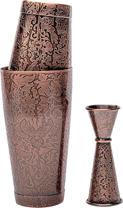Sky Fish 3D Etched 18-Piece Bartender Kit Stainless Steel Boston Cocktail Shaker Set Copper Plated Bartending Tools Suit for Bar Tools Set Mixology Enthusiasts, Professional Bartenders and Home Drink