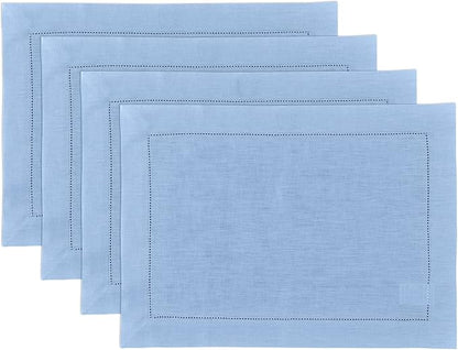 Solino Home Linen Cloth Placemats Set of 4-100% Pure Linen Hemstitch Cornflower Blue Placemats 14 x 19 Inch - Classic Hemstitch Table Place Mats for Spring, Easter