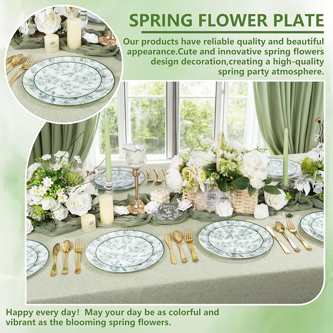 60PCS Green Floral Plastic Plates - Image 8