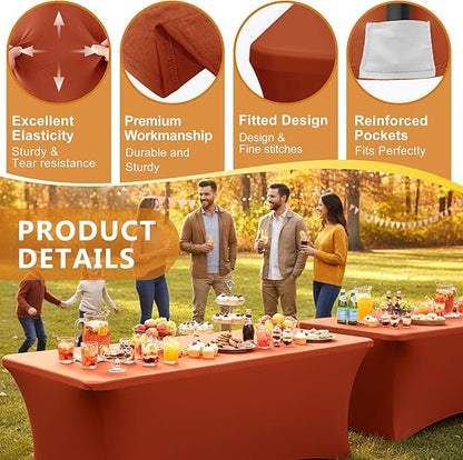 Table Cover for 6 Foot Rectangle Tables-8 Pack Rust Fitted Stretch Fall Tablecloth-Spandex 6ft Thanksgiving Tablecloths for Party, Vendor Booth Display, Banquet Event, Craft Trade Show