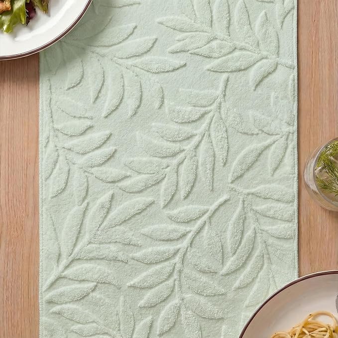 Artoid Mode Sage Green Soft 3D Jacquard Leaves 100%Cotton Spring Table Runner - Image 4