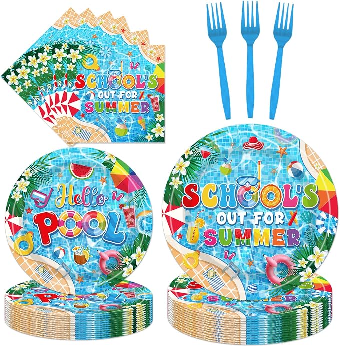 EUOYUFO 96Pcs School's Out for Summer Paper Plates Napkins Forks End of School by EUOYUFO