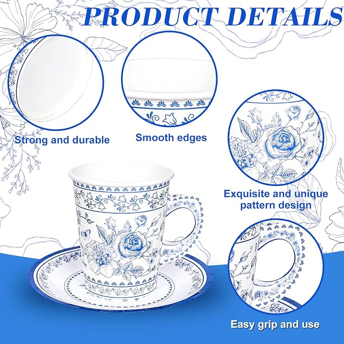 Whaline 80Pcs Blue White Floral Paper Tea Cups and Saucers Porcelain - Image 3