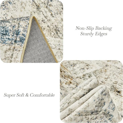 10x14 Area Rugs for Living Room, Non Slip Machine Washable Vintage Rugs, Low Pile Lightweight Large Rug for Bedroom, Dining Room, Home Office Blue Ivory