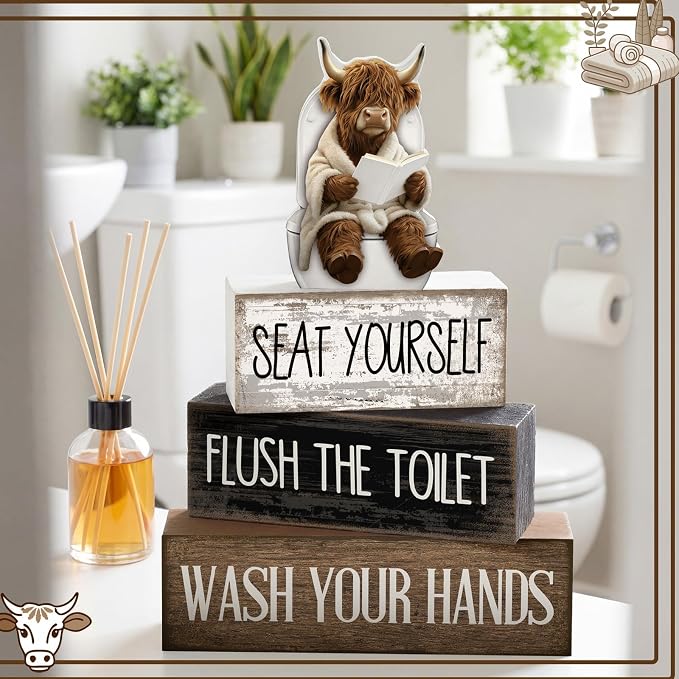 Moucuny 4 Pcs Highland Cow Bathroom Decor Set Funny Rustic Wooden Tiered Tray - Image 2