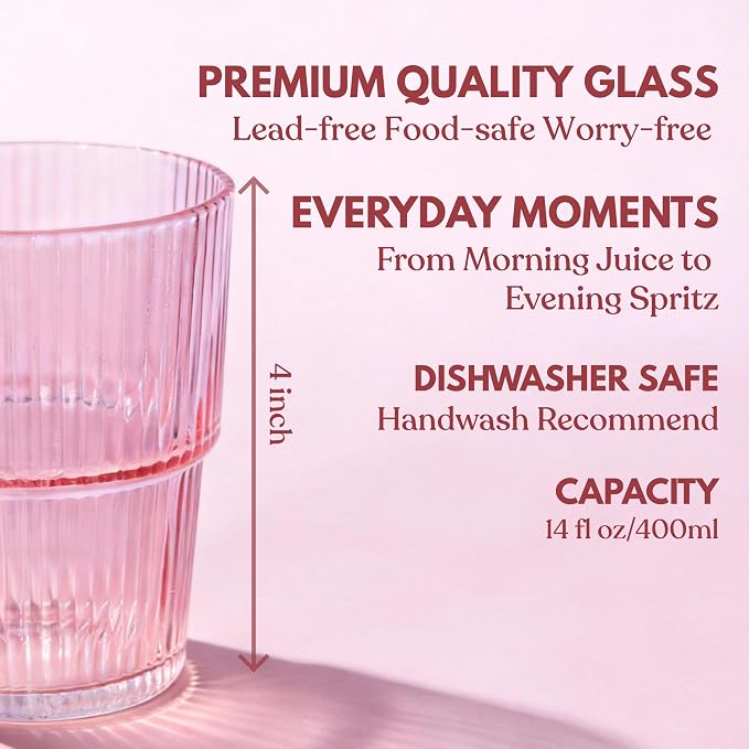 Pink Ribbed Drinking Glasses, 14 fl oz Glass Cups Set of 4 | Aesthetic Style - Image 2