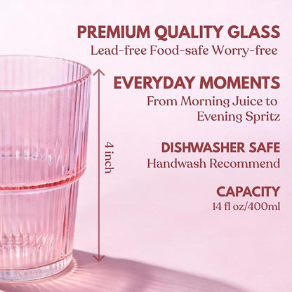 Pink Ribbed Drinking Glasses, 14 fl oz Glass Cups Set of 4 | Aesthetic Style - Image 2