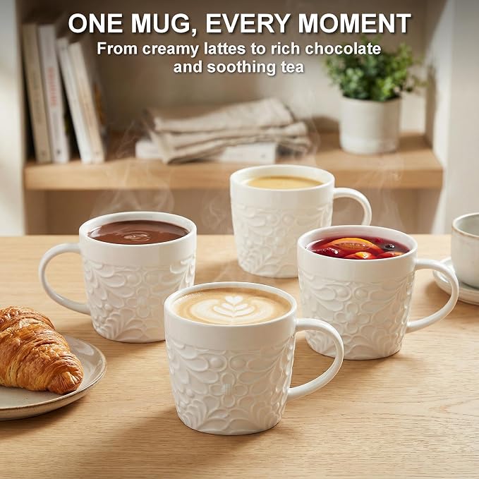 25DOL 16 oz Ceramic Coffee Mugs Set of 4 – Embossed Nature-Inspired Design - Image 4