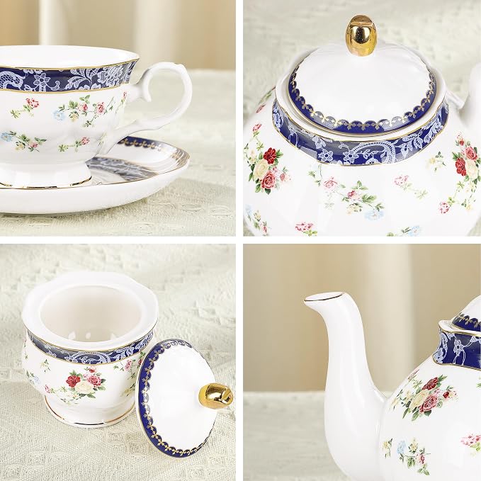 fanquare Bone China Tea Sets for Adults, 21-Piece Blue Lace and Roses Porcelain - Image 3