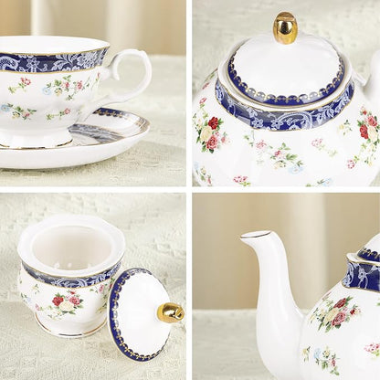 fanquare Bone China Tea Sets for Adults, 21-Piece Blue Lace and Roses Porcelain - Image 3