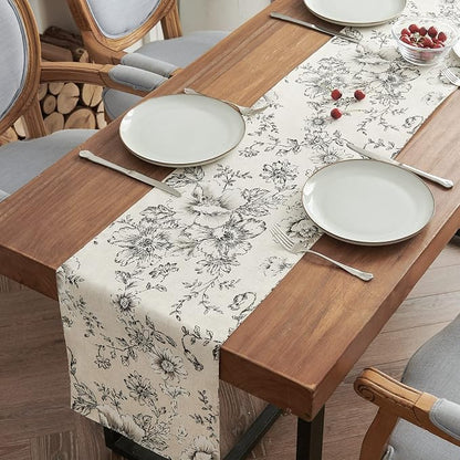 jinchan Black Floral Linen Table Runner 13 x 108 Inch Farmhouse | Vintage by JINCHAN