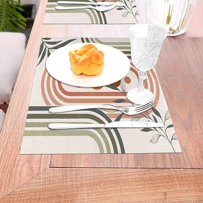 Mid Century Boho Sage Placemats, Abstract Bohemian Mid Century Plant Leaf Rainbow Dots Washable Place Mats 12x18Inch for Dining Kitchen Farmhouse Decor 6 PCS