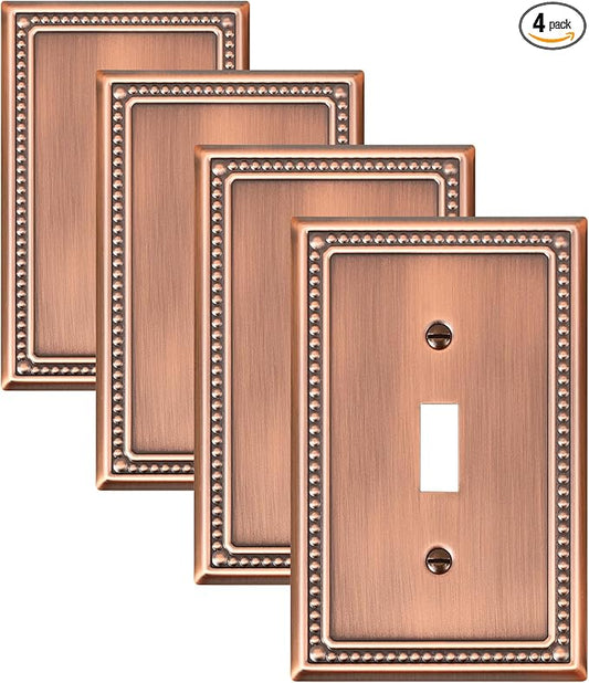 4-Pack Single Toggle Light Switch Cover Plate, Pearls Decorative Switch Plate Covers, Antique Copper 1 Gang Metal Wall Plate, Corrosion Resistant