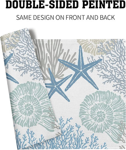 aportt Nautical Placemats Set of 4 Starfish Beach Theme Ocean Seashell Washable Non-Slip Heat Resistant 12×18 Inch Coastal Summer Thick Place Mats Decorative Linen Fabric Table Mat for Dining (FF)