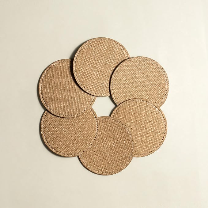 OLETHA Aesthetic Round Drink Coasters, Wheat | Raffia-embossed faux leather - Image 3