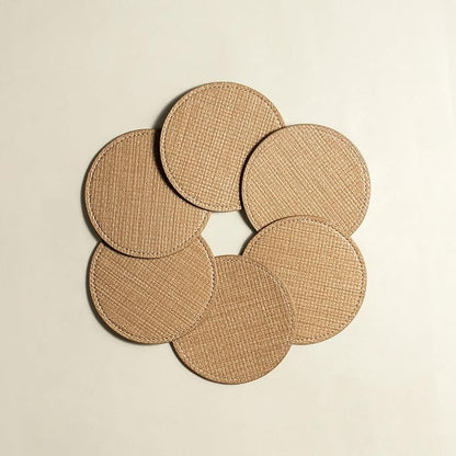 OLETHA Aesthetic Round Drink Coasters, Wheat | Raffia-embossed faux leather - Image 3