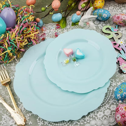 WDF 60pcs Mint Green Plastic Plates - Baroque Dinner Plates Including 30 Green Plates Disposable10.25inch, 30 Dessert Plates 7.5inch for Upscale Wedding, Parties