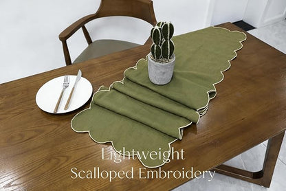 100% Natural Linen Rustic Scalloped Embroidery Table Runner 48 Inches, Linen - Image 3
