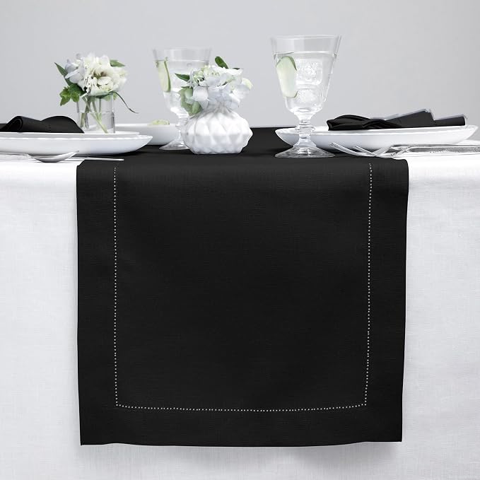 Solino Home 100% Linen Table Runner Black, Classic Hemstitch 14 x 108 in | by SolinoHome