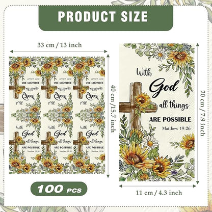 Sunflower Christian Paper Napkins - 100 Pcs Happy Easter Religious Dinner Decorative Disposable Party Decorations Sets for Decoupage Cross Guest Cocktail Table Supplies Decor Bulk 7.9 x 4.3 In