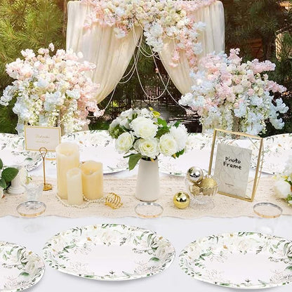 50PCS White Floral Oval Paper Plates 10"X12" Eucalyptus Flower Plates Disposable Heavy Duty Green Leaves White Flowers Tablewre Spring Blossom Flowers Dinnerware for Wedding Birthday Bridal Shower