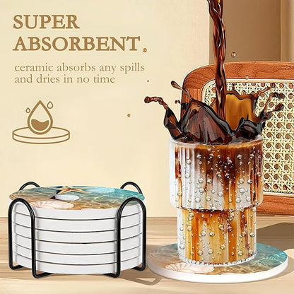 Drink Coasters with Holder,6 Pcs Beach Seaside Design, Water-Absorbent Beverage Pads for Dining Table Decor & Glass Protection