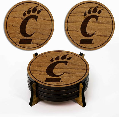 LazerEdge Cincinnati Bearcats Wooden Coaster Set - Cherry Wood - Officially Licensed Product - 4-Pack