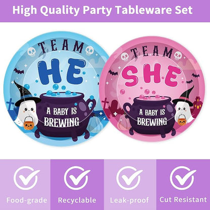 96 Pcs Halloween Gender Reveal Decorations, Baby Is Brewing Tableware Set | - Image 3