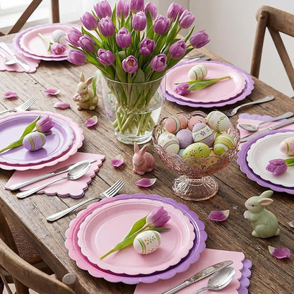 110 Pcs Pink Purple Plates and Napkins Tableware Set Serve 25 Guests Includes Scalloped 9" 7" Paper Dessert Dinner Plate Pastel Series Napkins for Spring Birthday Wedding Baby Shower Tea Party