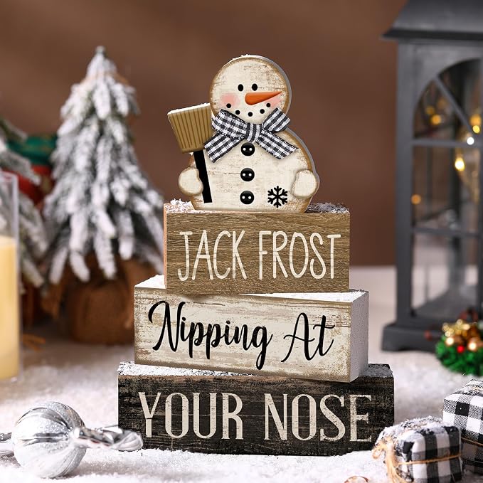 Moucuny 4 Pcs Christmas Table Decor Wooden Snowman Black and White Winter - Image 2