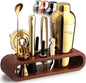 Mixology & Craft Cocktail Shaker Set with Dark Bamboo Stand - Professional 10-Piece Bartender Kit - Complete Bar Set & Cocktail Mixer Kit for Home (Gold)