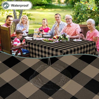 misaya Rectangle Waterproof Vinyl Table Cloth, Buffalo Flannel Backed Tablecloth, Wipeable Plastic Table Cover for Dinner, Kitchen, Outdoor (60" x 84", Black and Khaki)
