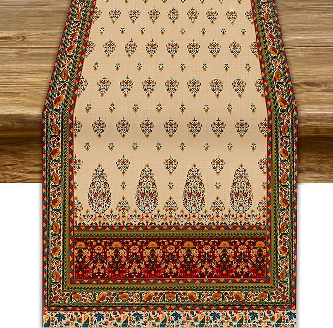 Boho Paisley Table Runner, Vintage Western Brown Dark Red Beige Flowers Leaves by JanJCurt