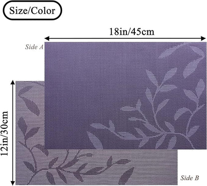 Leaf Placemats Set of 4 Non-Slip Heat-Resistant Vinyl Washable Place Mats for Kitchen Table Indoor Outdoor Durable (18"x12", Purple)