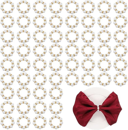60Pcs Pearl Napkin Rings,Imitation Pearl Beaded Napkin Ring Holder,Serviette Napkins Rings Bulk for Wedding Reception Dinner Table Decor Banquet Home Party (White&Gold, 60Pcs)