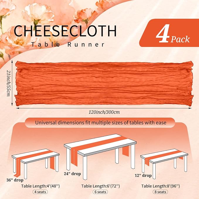 4 Pack Cheesecloth Table Runner 10FT Orange Table Runner Boho Gauze Cheese - Image 2